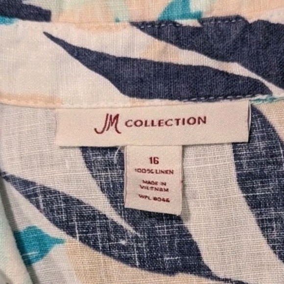 JM Collection Top Womens 16 Floral Print 100% Linen Button Up 3/4 Tie Sleeve - Picture 6 of 7
